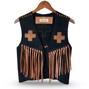Leather Fringe Suede Vest with Cowhide Navajo Cross Appliqués Black & Chestnut